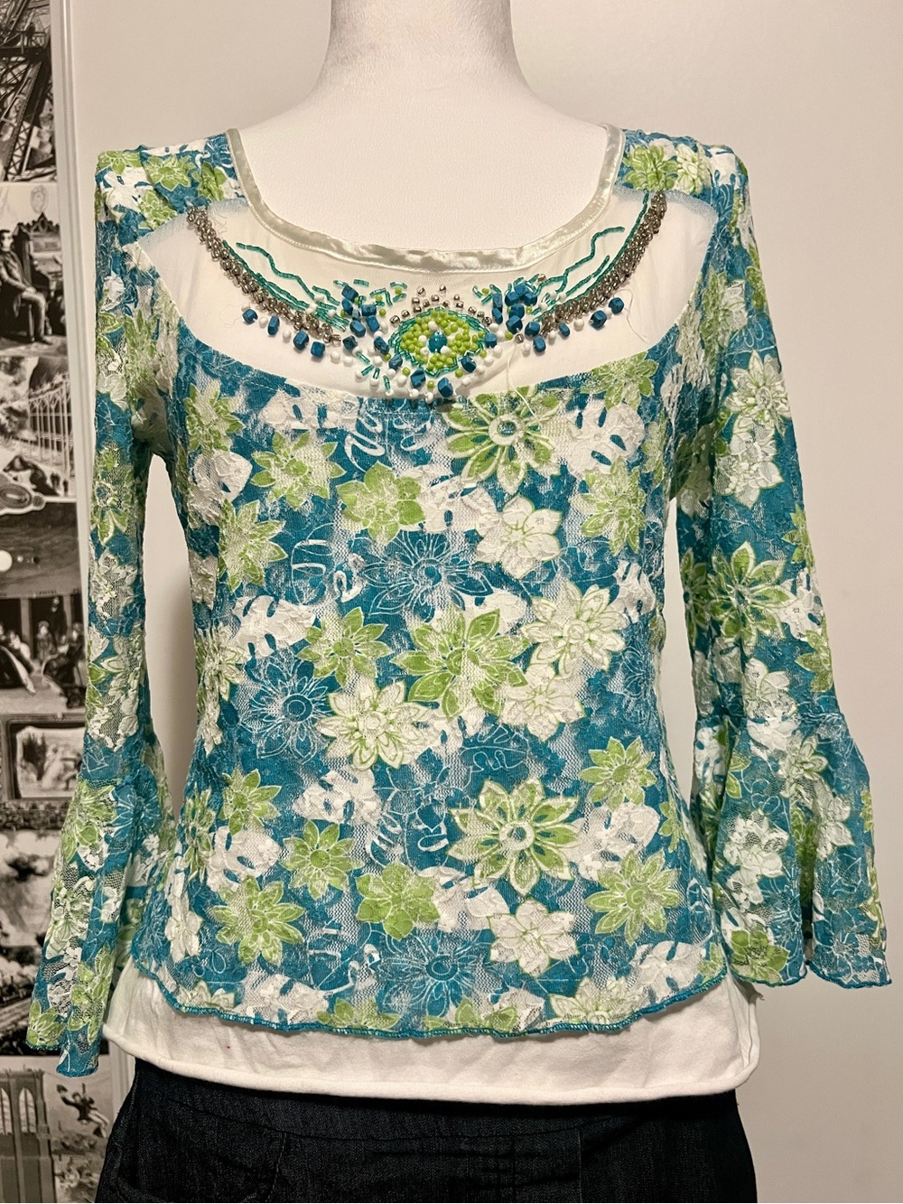 Uptown Girl Vintage Y2K Floral Lace Embellished Bell Sleeve Top + beaded collar